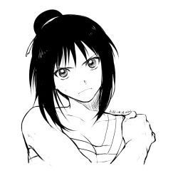 Rule 34 | 1girl, 2022, bandaged chest, bare arms, closed mouth, collarbone, cropped torso, dated, frown, fullmetal alchemist, greyscale, hair bun, hair ribbon, head tilt, highres, lan fan, looking at viewer, mini (pixiv6327751), monochrome, ribbon, short hair, sidelocks, simple background, sketch, solo, upper body, white background