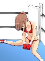 Rule 34 | 1girl, bare shoulders, beaten, bikini, boxing, boxing gloves, boxing ring, breasts, brown hair, cleavage, closed eyes, defeat, gloves, original, ponytail, red bikini, red gloves, shamanwer, sitting, solo, swimsuit, thong, thong bikini, unconscious, underwear, white background