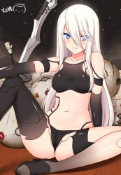 Rule 34 | 1girl, android, arm at side, armlet, artist name, bare shoulders, black footwear, black gloves, black panties, black thighhighs, blue eyes, breasts, broken, cameltoe, closed mouth, collarbone, crop top, elbow gloves, expressionless, eyes visible through hair, gloves, grey hair, groin, hair between eyes, high heels, joints, knee up, long hair, medium breasts, midriff, mole, mole under mouth, nail polish, navel, nier:automata, nier (series), panties, partially visible vulva, planted, planted sword, planted weapon, ppshex, robot, robot joints, shiny skin, shoes, single thighhigh, sitting, sleeveless, solo, stomach, sword, tank top, thighhighs, toeless footwear, toenail polish, toenails, toes, underwear, weapon, a2 (nier:automata)