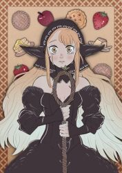 Rule 34 | 1girl, ambrosia (dungeon meshi), apple, bare shoulders, black dress, blonde hair, breasts, brown eyes, cleavage, commentary, dress, dungeon meshi, elf, english commentary, food, food-themed background, fruit, highres, holding, holding staff, long hair, looking at viewer, maora art, marcille donato, marcille donato (lord), off-shoulder dress, off shoulder, pancake, pancake stack, pie, pointy ears, sidelocks, solo, spoilers, staff, standing, straight-on, strawberry, tears