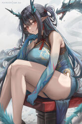 Rule 34 | 1girl, abpart, arknights, bare legs, bare shoulders, black hair, blue dress, blue skin, blush, breasts, china dress, chinese clothes, colored skin, commentary, dragon, dragon girl, dragon horns, dress, dusk (arknights), dusk (everything is a miracle) (arknights), english commentary, feet out of frame, green hair, highres, horns, large breasts, long hair, looking at viewer, multicolored hair, official alternate costume, parted lips, patreon username, pointy ears, red eyes, sitting, solo, streaked hair, thighs