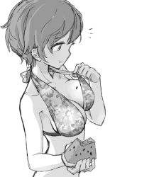 Rule 34 | 10s, :t, ^^^, arakawa (aintnoroom), bare shoulders, bikini, bikini top only, breasts, cleavage, closed mouth, collarbone, eating, floral print, food, food on body, food on breasts, fruit, greyscale, halterneck, holding, holding food, idolmaster, idolmaster cinderella girls, large breasts, looking down, monochrome, short hair, strap pull, swimsuit, upper body, watermelon, watermelon seeds, yoshioka saki