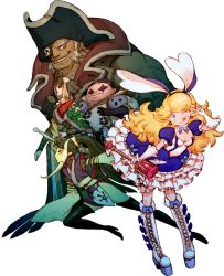 Rule 34 | 2girls, 3boys, ;q, animal ears, black hair, blonde hair, blue eyes, boots, bravely default: flying fairy, bravely default (series), breasts, cross-laced footwear, earrings, eyepatch, frilled skirt, frills, gloves, group picture, hat, hayreddin barbarossa, jewelry, qada (bravely default), knee boots, konoe kikyou, lace-up boots, long hair, multiple boys, multiple girls, ninja, nobutsuna kamiizumi, official art, one eye closed, pirate, pirate hat, ponytail, praline a la mode, rabbit ears, skirt, small breasts, thigh boots, thighhighs, tongue, tongue out, transparent background, tricorne, v over eye, white gloves, wink