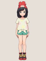 Rule 34 | 1girl, arms at sides, asymmetrical bangs, bare legs, beanie, black hair, blue eyes, bracelet, chiwino, closed mouth, commentary request, commission, creatures (company), eyelashes, female focus, floral print, full body, game freak, green shorts, grey background, hat, highres, jewelry, knees, looking at viewer, medium hair, nintendo, pixiv commission, pokemon, pokemon sm, red hat, selene (pokemon), shirt, shoes, short shorts, short sleeves, shorts, simple background, smile, solo, standing, t-shirt, tied shirt, yellow shirt, z-ring