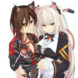 Rule 34 | 2girls, animal ears, arm around shoulder, arm around waist, black coat, black gloves, black leotard, black ribbon, blonde hair, boko (maniacpurple), breasts, brooch, brown hair, camouflage, camouflage jacket, cat ears, cat girl, cat tail, center frills, chest harness, cleavage, coat, commentary request, corset, covered navel, cropped jacket, dress, frills, gloves, grey jacket, grin, hair between eyes, half-closed eyes, harness, highres, hololive, jacket, jewelry, kemonomimi mode, leotard, long hair, long sleeves, looking at viewer, mechanical ears, mechanical tail, medium breasts, medium hair, multicolored hair, multiple girls, neck ribbon, nora cat, nora cat channel, partially unzipped, ponytail, red eyes, red gloves, red hair, red nails, ribbon, ringed eyes, roboco-san, roboco-san (1st costume), simple background, smile, streaked hair, tail, tail raised, two-tone gloves, two side up, underbust, upper body, v, virtual youtuber, white background, white dress, wide sleeves, yellow eyes