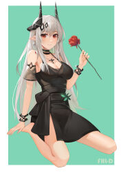 Rule 34 | 1girl, absurdres, arknights, bare shoulders, barefoot, black choker, black dress, breasts, choker, cleavage, commentary request, cross, cross necklace, dress, earrings, flower, highres, holding, holding flower, horns, infection monitor (arknights), jewelry, large breasts, legs, lingdu han, long hair, looking at viewer, mudrock (arknights), mudrock (obsidian) (arknights), necklace, official alternate costume, pointy ears, red eyes, red flower, red rose, rose, sitting, sleeveless, sleeveless dress, smile, solo, very long hair, wariza, white hair
