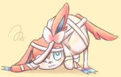 Rule 34 | blue eyes, commentary request, creature, creatures (company), full body, game freak, gen 6 pokemon, mizuto (o96ap), nintendo, no humans, one eye closed, pokemon, pokemon (creature), ribbon, simple background, solo, squiggle, sylveon, yellow background