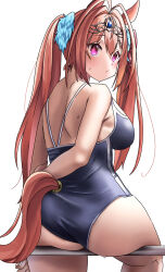 Rule 34 | 1girl, absurdres, animal ears, antenna hair, ass, blue one-piece swimsuit, breasts, brown hair, commentary request, competition school swimsuit, cowboy shot, daiwa scarlet (umamusume), from behind, hair intakes, highres, horse ears, horse girl, horse tail, large breasts, long hair, looking to the side, one-piece swimsuit, po musubi, red eyes, school swimsuit, simple background, sitting, solo, swimsuit, tail, tiara, twintails, umamusume, very long hair, white background