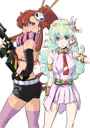 Rule 34 | + +, 2girls, anti-materiel rifle, ass, back, bare shoulders, belt, bikini, bikini top only, blue eyes, blue hair, breasts, chopsticks, commentary request, cross-shaped pupils, dimples of venus, dress, fingerless gloves, gloves, gun, hair ornament, hand on own hip, highres, large breasts, long hair, looking at viewer, multiple girls, nia teppelin, o sho, open mouth, ponytail, red hair, rifle, scarf, short shorts, shorts, sideboob, simple background, skirt, skull hair ornament, small breasts, smile, sniper rifle, standing, striped clothes, striped scarf, swimsuit, symbol-shaped pupils, tengen toppa gurren lagann, thighhighs, very long hair, weapon, white background, yellow eyes, yoko littner
