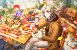 Rule 34 | 1boy, apple, autumn leaves, basket, bespectacled, blonde hair, blouse, blue eyes, blueberry, brown-framed eyewear, brown jacket, bush, cake, cake slice, camus (uta no prince-sama), chair, cherry, chestnut, chocolate cake, cobblestone, cookie, crossed legs, cup, cushion, day, falling leaves, feet out of frame, fence, fingernails, flower, food, fork, fruit, fruit bowl, glasses, grapes, grey shirt, highres, holding, holding food, holding plate, jacket, jewelry, lavender (flower), leaf, leaf necklace, lens flare, light particles, looking at viewer, male focus, maple leaf, medium hair, mont blanc (food), mousse (food), official art, open clothes, open jacket, pants, parted lips, peach, pear, pendant, picnic basket, picnic table, pie, plant, plate, purple flower, red sweater vest, saucer, shirt, sitting, smile, solo, sponge cake, stone walkway, sunlight, sweater vest, table, tablecloth, tea, teacup, teaspoon, third-party source, uta no prince-sama, uta no prince-sama: shining live, white pants, wooden table, yellow flower