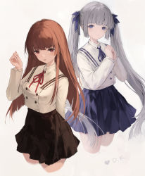 Rule 34 | 2girls, absurdres, arm behind back, blunt bangs, blush, brown eyes, brown hair, collared shirt, cropped legs, daichengqi, grey hair, hair ribbon, hand up, highres, long hair, long sleeves, multiple girls, neck ribbon, open mouth, original, own hands together, pleated skirt, ribbon, school uniform, shirt, signature, skirt, smile, twintails, very long hair