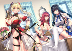 Rule 34 | 3girls, :d, aruma jiki, bare shoulders, bed, black hair, blonde hair, blue eyes, blush, bow, breasts, brown gloves, cleavage, copyright request, detached sleeves, dress, feet, female focus, fingerless gloves, gloves, green eyes, hair bow, hair ornament, hand on own hip, harem, high heels, jewelry, large breasts, long hair, looking at viewer, multiple girls, navel, necklace, no shoes, official art, on one knee, open mouth, panties, pink eyes, red hair, short shorts, shorts, sidelocks, skindentation, smile, stomach, straight hair, sword, thigh strap, thighhighs, twintails, underwear, wavy hair, weapon, white legwear