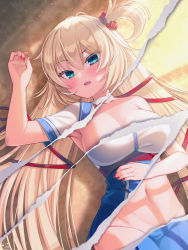 Rule 34 | 1girl, akai haato, akai haato (1st costume), aqua eyes, arm up, blonde hair, blue skirt, blush, breasts, commentary request, fingernails, hair ornament, hair ribbon, hand on own stomach, heart, heart hair ornament, high-waist skirt, highres, hololive, large breasts, long hair, looking at viewer, lying, magowasabi, midriff, nail polish, navel, on back, one side up, open mouth, page tear, red nails, red ribbon, revealing layer, ribbon, shirt, signature, skirt, solo, twintails, twitter username, very long hair, virtual youtuber, white shirt, x-ray vision