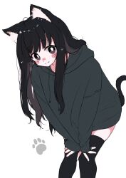 Rule 34 | 1girl, animal ears, black eyes, black hair, black hoodie, blush, cat ears, cat girl, cat tail, closed mouth, commentary request, eyelashes, feet out of frame, hands on own knees, highres, hood, hoodie, leaning forward, long hair, looking at viewer, megateru, messy hair, original, oversized clothes, simple background, sleeves past wrists, smile, solo, tail, tareme, thighhighs, white background