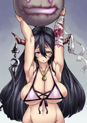 Rule 34 | 10s, 1girl, antenna hair, armpits, arms up, bandaged arm, bandages, bikini, black hair, bokuso, bottomless, breasts, cleavage, collarbone, colored skin, crescent, danua, draph, female focus, granblue fantasy, groin, hair between eyes, horn ornament, horns, jewelry, large breasts, long hair, looking at viewer, navel, necklace, out-of-frame censoring, pink eyes, purple skin, sagging breasts, sideboob, skindentation, solo, swimsuit, underboob, very long hair