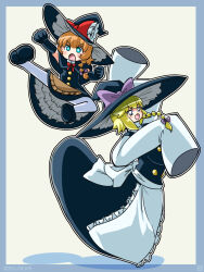 Rule 34 | 2girls, apron, black capelet, black gloves, black headwear, black skirt, black vest, blonde hair, blue background, blue eyes, blush, bow, braid, bright pupils, brown apron, buttons, capelet, clenched hands, commentary request, cookie (touhou), elbow gloves, flat chest, full body, gloves, hair bow, hat, hat bow, highres, itini-sanshi, kicking, kirisame marisa, long hair, long skirt, looking at viewer, medium bangs, meguru (cookie), multiple girls, open mouth, outline, pantyhose, petticoat, purple bow, red bow, shadow, shirt, single braid, skirt, skirt set, sleeves past fingers, sleeves past wrists, touhou, turtleneck, v-shaped eyebrows, vest, waist apron, white apron, white background, white outline, white pantyhose, white pupils, white shirt, witch hat, yuuhi (cookie)