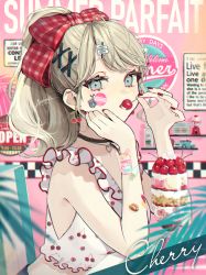 Rule 34 | 1girl, akakura, bare shoulders, blonde hair, blue eyes, bow, candy, cherry, dress, earrings, eating, facial mark, fingernails, food, fruit, glass, hair bow, hair ornament, hair ribbon, hairclip, hand on own cheek, hand on own face, highres, ice cream, jewelry, long hair, looking at viewer, nail polish, necklace, open mouth, original, ponytail, red nails, ribbon, solo, summer, sundress, table, toy car, upper body, whipped cream, wooden table