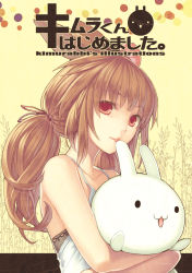 Rule 34 | 1girl, :3, animal ears, bad id, bad pixiv id, bare shoulders, brown hair, rabbit ears, camisole, cover, hair ornament, kimura-san (kimura daisuke), kimura daisuke, long hair, looking at viewer, hugging object, original, red eyes, solo, stuffed toy, twintails