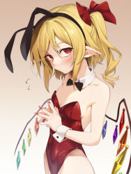 Rule 34 | 1girl, alternate costume, animal ears, asutora, bare arms, bare shoulders, black bow, black bowtie, black hairband, blonde hair, blush, bow, bowtie, breasts, brown background, commentary, crystal wings, detached sleeves, fake animal ears, flandre scarlet, flying sweatdrops, gradient background, hair bow, hairband, highleg, highleg leotard, highres, leotard, long hair, looking at viewer, nail polish, playboy bunny, pointy ears, rabbit ears, red bow, red eyes, red leotard, red nails, side ponytail, simple background, small breasts, solo, touhou, white background, wrist cuffs