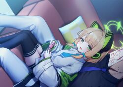 Rule 34 | 1boy, 1girl, absurdres, animal ear headphones, animal ears, doodle sensei (blue archive), black thighhighs, blonde hair, blue archive, blue bow, blue necktie, blush, bow, collared shirt, controller, couch, fake animal ears, game controller, green eyes, green halo, hair bow, halo, headphones, highres, holding, holding controller, holding game controller, indoors, jacket, long sleeves, looking at viewer, midori (blue archive), miramu (ramu450471), necktie, open mouth, pants, playing games, sensei (blue archive), shirt, short hair, sitting, sitting between lap, smile, thighhighs, white jacket, white pants, white shirt, wide sleeves