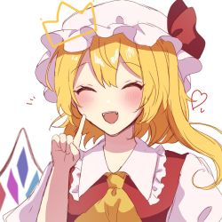 Rule 34 | 1girl, ascot, blonde hair, closed eyes, crown, facing viewer, fangs, flandre scarlet, hat, hat ribbon, heart, highres, index finger raised, mob cap, one side up, open mouth, red ribbon, ribbon, simple background, siomi 403, solo, touhou, upper body, white background, white hat, yellow ascot