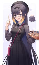 Rule 34 | 1girl, :d, absurdly long hair, absurdres, bag, bespectacled, black dress, black eyes, black hair, blunt bangs, commentary request, dress, dress shirt, eyes visible through hair, fang, glasses, gradient hair, hair between eyes, hair ornament, handbag, hat, highres, holding, holding brush, hololive, hololive english, long hair, looking at viewer, mole, mole under eye, multicolored hair, ninomae ina&#039;nis, ninomae ina&#039;nis (casual), open mouth, palette (object), pointy ears, shirt, shuvi (shuvi1125), sidelocks, simple background, smile, solo, two-tone background, very long hair, virtual youtuber