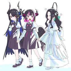 Rule 34 | 3girls, absurdres, aged down, anerissa ravencroft, black hair, blue hair, colored inner hair, demon horns, hair ornament, highres, holding hands, hololive, hololive english, horns, long hair, low wings, mole, multicolored hair, multiple girls, nerissa ravencroft, oneerissa ravencroft, open mouth, pink eyes, pink hair, red eyes, short hair, siblings, simple background, sisters, smile, tassel, tassel hair ornament, two-tone hair, virtual youtuber, white background, wings, yomosaka