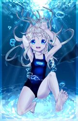 Rule 34 | 1girl, air bubble, barefoot, blue eyes, breath, diving, dolphin, feet, freediving, happy, holding breath, long hair, open mouth, school swimsuit, soles, swimming, swimsuit, toastersdoodles, toes, underwater, water