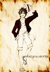 Rule 34 | 1boy, character name, faux traditional media, hand on own hip, hat, highres, hip focus, looking at viewer, male focus, monkey d. luffy, monochrome, one piece, sagatsune, sandals, scar, sepia, short hair, shorts, smile, smirk, solo, spot color, straw hat