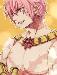 1boy blue_eyes commentary_request gauntlets grin hair_between_eyes jewelry looking_afar male_focus necklace no_nipples orange_background outline pectorals pink_hair ragnarok_online scar scar_on_chest short_hair smile solo sura_(ragnarok_online) tokio_(okt0w0) upper_body white_outline