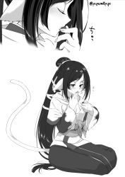 Rule 34 | 1girl, absurdly long hair, ainu clothes, animal ears, aquaplus, arms up, black hair, blush, breasts, cat tail, closed eyes, dress, eating, eyelashes, fingernails, from side, full body, greyscale, hair ornament, high ponytail, kneeling, kuon (utawarerumono), layered sleeves, long hair, long sleeves, looking down, medium breasts, monochrome, multiple views, nose, pepeta8pepe, ponytail, sash, scarf, sidelocks, signature, swept bangs, tail, taut clothes, utawarerumono, utawarerumono: itsuwari no kamen, very long hair, white tail, wide sleeves