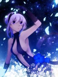 Rule 34 | 1girl, arm support, arm up, black gloves, black hairband, blue flower, breasts, cleavage, dark-skinned female, dark skin, elbow gloves, fate/prototype, fate/prototype: fragments of blue and silver, fate (series), flower, gloves, hairband, hassan of serenity (fate), highres, medium breasts, midriff, navel, parted lips, petals, purple eyes, short hair, side ponytail, silver hair, solo, stomach, white flower, yamato (tomaya)