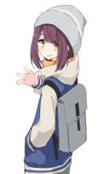 Rule 34 | 1girl, backpack, bag, commentary request, from behind, green eyes, hand in pocket, hood, hoodie, looking at viewer, looking back, multicolored clothes, parted lips, red hair, school bag, shiroshi (denpa eshidan), short hair with long locks, simple background, smug, solo, standing, toki ayano, waving, woollen cap, yurucamp