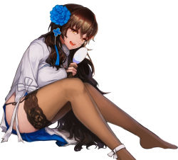 Rule 34 | 1girl, absurdres, ankle ribbon, bad id, bad pixiv id, black thighhighs, brown hair, china dress, chinese clothes, dress, fingerless gloves, flower, full body, garter straps, girls&#039; frontline, gloves, hair flower, hair ornament, hand fan, highres, kibellin, lace, lace-trimmed legwear, lace trim, leg ribbon, legs, lips, long hair, looking at viewer, mole, mole under eye, official alternate costume, open mouth, paper fan, pelvic curtain, personification, ribbon, unworn shoe, side slit, single fingerless glove, smile, solo, thighhighs, type 95 (girls&#039; frontline), type 95 (narcissus) (girls&#039; frontline), uchiwa, very long hair, wavy hair, white background, yellow eyes