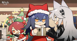 Rule 34 | +++, 3girls, :d, alternate costume, anger vein, animal ears, arknights, black hair, black jacket, box, candy, candy cane, capelet, christmas, christmas lights, christmas ornaments, christmas tree, christmas wreath, coat, company name, copyright name, copyright notice, detached wings, energy wings, exusiai (arknights), fang, fingerless gloves, food, fur-trimmed capelet, fur-trimmed coat, fur-trimmed gloves, fur-trimmed headwear, fur-trimmed sleeves, fur trim, gift, gift box, gloves, grey hair, hair ornament, hairclip, halo, hat, highres, holding, holding box, indoors, jacket, lappland (arknights), laughing, long hair, multiple girls, official art, open mouth, orange eyes, outstretched hand, penguin logistics logo, pom pom (clothes), red capelet, red coat, red hair, red headwear, red ribbon, ribbon, santa costume, santa hat, scar, scar across eye, scar on face, shaded face, short hair, smile, star (symbol), tail, texas (arknights), upper body, window, wings, wolf ears, wolf girl, wolf tail, wreath, yellow eyes