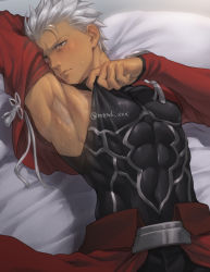 Rule 34 | 1boy, abs, archer (fate), armpit hair, armpits, artist name, bara, bed, bed sheet, belt, biceps, blush, bodysuit, clothes pull, dark-skinned male, dark skin, fate/stay night, fate (series), highres, jacket, looking at viewer, male focus, mondi hl, muscular, muscular male, pectorals, shirt pull, skirt, sleeveless, sleeveless bodysuit, solo, sweat, sweatdrop, tight clothes, turtleneck, upper body, white hair, yellow eyes