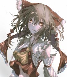 Rule 34 | 1girl, absurdres, ascot, blush, bow, brown hair, collarbone, commentary, detached sleeves, eyebrows hidden by hair, frilled bow, frills, grey background, hair between eyes, hair bow, hair tubes, hakurei reimu, highres, light smile, lips, medium hair, navel, orange eyes, parted lips, red bow, red vest, simple background, solo, teeth, touhou, tqg 07, upper body, upper teeth only, vest, white sleeves, yellow ascot