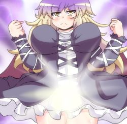 Rule 34 | 1girl, :&lt;, alternate breast size, blush, breasts, breasts apart, cape, clenched hand, clenched hands, cross-laced clothes, glowing, gradient hair, hijiri byakuren, jitome, large breasts, long hair, long sleeves, looking at viewer, looking up, miyamaru, multicolored hair, purple hair, serious, skirt, solo, touhou, yellow eyes