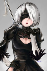 Rule 34 | 1girl, absurdres, android, blindfold, blowing kiss, breasts, cleavage, cleavage cutout, clothing cutout, dress, gloves, hand on own hip, highres, lipstick, looking at viewer, makeup, medium breasts, mole, nier (series), nier:automata, parted lips, pink lips, rizuki suwoto, short hair, solo, square enix, sword, weapon, white hair, 2b (nier:automata)