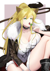 Rule 34 | 1girl, absurdres, animal ears, arknights, artoria pendragon (fate), artoria pendragon (lancer) (fate), black footwear, black jacket, blonde hair, breasts, candy, choker, cosplay, fate/grand order, fate (series), food, fur-trimmed jacket, fur-trimmed shorts, fur trim, green eyes, hair between eyes, highres, holding, holding candy, holding food, holding lollipop, jacket, kawasumi ayako, knee up, large breasts, leather, leather jacket, licking, lion ears, lion girl, lion tail, lollipop, long hair, looking at viewer, n.e (sakura-233), open mouth, ponytail, red shorts, shorts, sidelocks, siege (arknights), siege (arknights) (cosplay), sitting, solo, studded choker, swept bangs, tail, tank top, thighs, tongue, tongue out, voice actor connection, white tank top