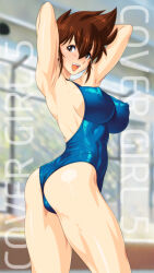 Rule 34 | 1girl, abs, arms up, ass, bare legs, blue one-piece swimsuit, breasts, brown hair, covered erect nipples, honoo no toukyuuji: dodge danpei, ichigeki haruka, large breasts, looking at viewer, looking back, mature female, one-piece swimsuit, open mouth, qkat (arikawa-dou), shiny clothes, shiny skin, short hair, simple background, solo, standing, swimsuit, wide hips