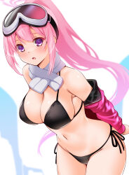 Rule 34 | 1girl, bikini, black bikini, blue archive, breasts, cleavage, commentary request, eimi (blue archive), eimi (swimsuit) (blue archive), engo (aquawatery), goggles, goggles on head, halo, highres, jacket, large breasts, long hair, looking at viewer, navel, official alternate costume, open mouth, pink hair, pink halo, pink jacket, ponytail, purple eyes, scarf, side-tie bikini bottom, sidelocks, ski goggles, solo, swimsuit, thighs, white scarf