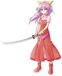 Rule 34 | 1girl, alphes (style), belt, boots, bracelet, breasts, buttons, closed mouth, collared shirt, dairi, dress, dress shirt, eyebrows, facing away, full body, hair ribbon, high ponytail, highres, holding, holding sword, holding weapon, jewelry, katana, legs apart, long hair, looking at viewer, o-ring, parody, platform footwear, puffy short sleeves, puffy sleeves, purple belt, purple hair, red dress, red eyes, red footwear, ribbon, shirt, short sleeves, small breasts, smile, solo, standing, style parody, sword, touhou, transparent background, tsurime, undershirt, watatsuki no yorihime, weapon, white shirt, yellow ribbon