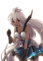 Rule 34 | 10s, 1girl, bare shoulders, blush, breasts, brown gloves, collarbone, dark-skinned female, dark skin, gloves, granblue fantasy, highres, leaning forward, long hair, looking at viewer, luse maonang, medium breasts, open mouth, red eyes, silver hair, smile, solo, standing, teeth, very long hair, zooey (granblue fantasy)