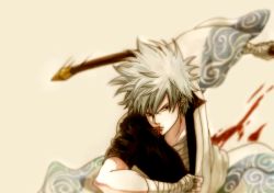 Rule 34 | 1boy, blurry, depth of field, gin2point, gintama, hand wraps, japanese clothes, male focus, motion lines, red eyes, sakata gintoki, sarashi, sheath, sheathed, silver hair, solo