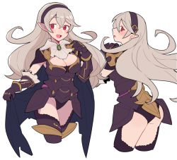 Rule 34 | 1girl, :o, alternate costume, armor, ascot, ass, back, black armor, black cape, black gloves, black headband, black leotard, black panties, black thighhighs, blush, breasts, cape, cleavage, corrin (female) (fire emblem), corrin (female) (nohr noble) (fire emblem), corrin (fire emblem), do m kaeru, fire emblem, fire emblem fates, fire emblem heroes, gauntlets, gloves, grey hair, hair between eyes, headband, large breasts, leotard, long hair, looking at viewer, looking back, multiple views, nintendo, official alternate costume, open mouth, panties, pointy ears, red eyes, simple background, smile, thighhighs, thighs, tongue, underwear, very long hair, wavy hair, white ascot, white background