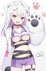 Rule 34 | 1girl, :d, animal ears, animal hands, bear ears, blush, breasts, choker, collarbone, fang, gloves, gradient background, grey background, hair ornament, hand up, highres, indie virtual youtuber, looking at viewer, medium breasts, multicolored hair, nam (nam990902), navel, open mouth, paw gloves, pink hair, purple choker, purple eyes, purple hair, purple shorts, shorts, skin fang, smile, solo, underboob, virtual youtuber, white background, white hair, x hair ornament, xiho (vtuber)