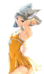 Rule 34 | 1girl, armpits, blunt bangs, breasts, chest jewel, dress swimsuit, highres, nia (fancy sundress) (xenoblade), nia (xenoblade), one-piece swimsuit, shindayomon, short hair, silver hair, small breasts, solo, swimsuit, xenoblade chronicles (series), xenoblade chronicles 2, yellow eyes, yellow one-piece swimsuit