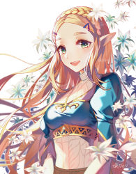 Rule 34 | 1girl, :d, absurdres, akira (ying), blonde hair, blurry, blurry foreground, blush, braid, breasts, commentary request, crown braid, depth of field, elf, flower, forehead, green eyes, hair ornament, hairclip, heart, highres, layered sleeves, long hair, long sleeves, looking at viewer, medium breasts, nintendo, open mouth, parted bangs, pointy ears, princess zelda, puffy short sleeves, puffy sleeves, short over long sleeves, short sleeves, silent princess, simple background, smile, solo, teeth, the legend of zelda, the legend of zelda: breath of the wild, thick eyebrows, upper body, upper teeth only, very long hair, white background, white flower