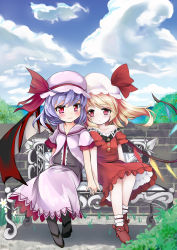 Rule 34 | 2girls, ankle socks, bare shoulders, bat wings, bench, blonde hair, blouse, blue sky, blush, brick wall, buttons, cloud, collarbone, day, dress, female focus, flandre scarlet, flower, grass, hat, hat ribbon, heads together, highres, holding hands, light purple hair, light smile, looking at viewer, mob cap, multiple girls, natsuya (natuya777), outdoors, pantyhose, petticoat, red dress, red eyes, remilia scarlet, ribbon, shirt, short hair, short sleeves, siblings, side ponytail, sisters, sitting, skirt, sky, socks, touhou, tree, vest, wings